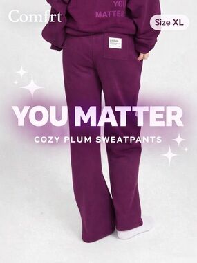 Comfrt “You Matter” Straight Leg Sweatpants Plum XL Cozy Lounge Wide Leg